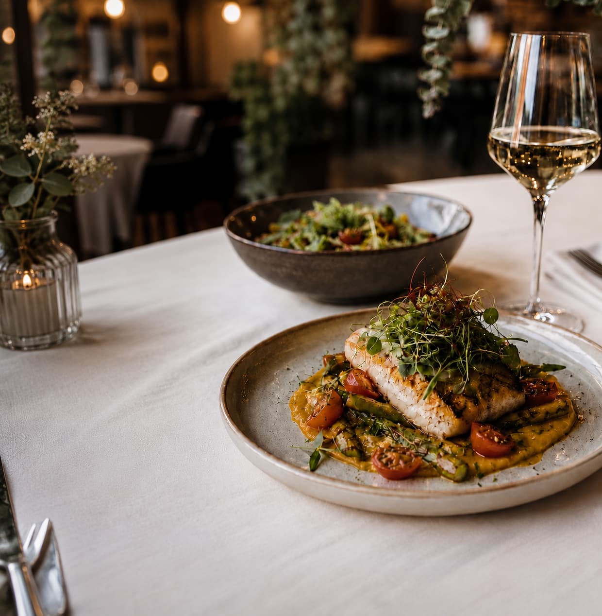 Gedeckter Restauranttisch mit Fischgericht, Salat und Glas Weißwein in warmer Atmosphäre